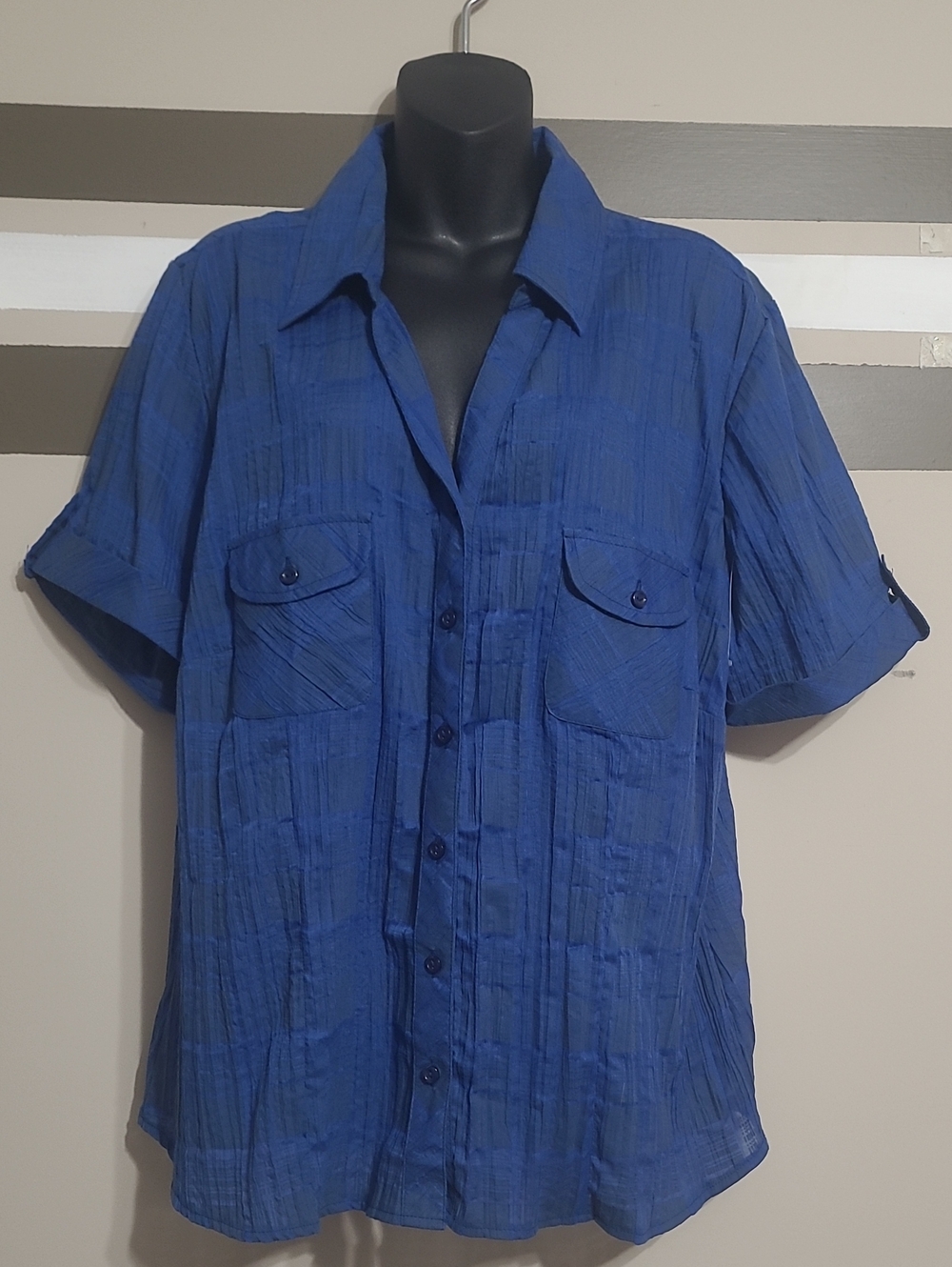⭐️ NWOT Tradition Blue Semi-Sheer Short-Sleeve Button-Down Top Sz 18W